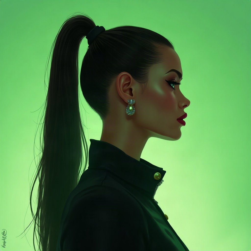 Baddie PFPs — sleek high ponytail silhouette, money-green accent lighting, soft smoke