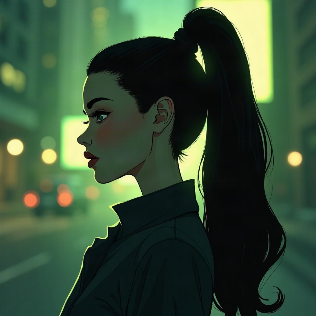 Baddie PFPs — sleek high ponytail silhouette, money-green accent lighting, city bokeh behind