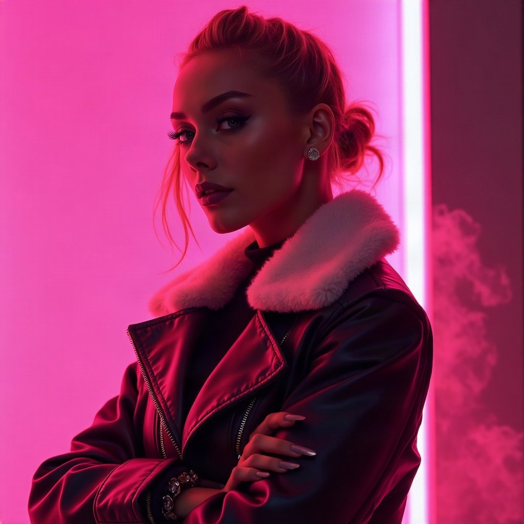 Baddie PFPs — fur-collar jacket confident pose, hot pink neon glow, soft smoke