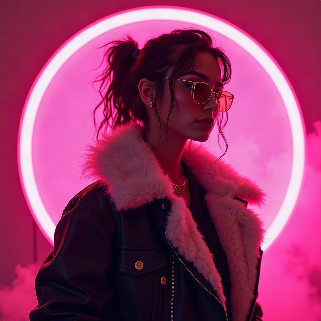 Baddie PFPs — fur-collar jacket confident pose, hot pink neon glow, soft smoke