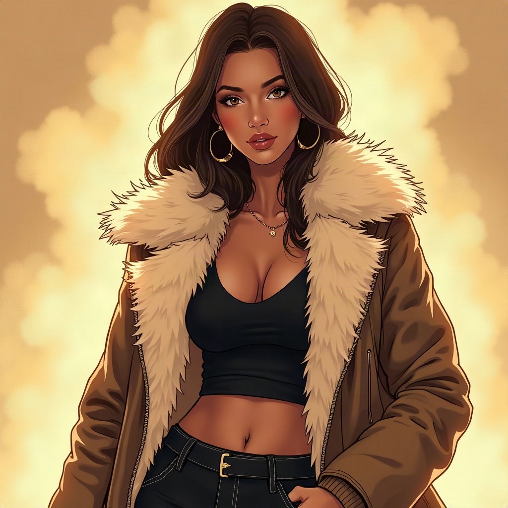 Baddie PFPs — fur-collar jacket confident pose, champagne gold shimmer, soft smoke