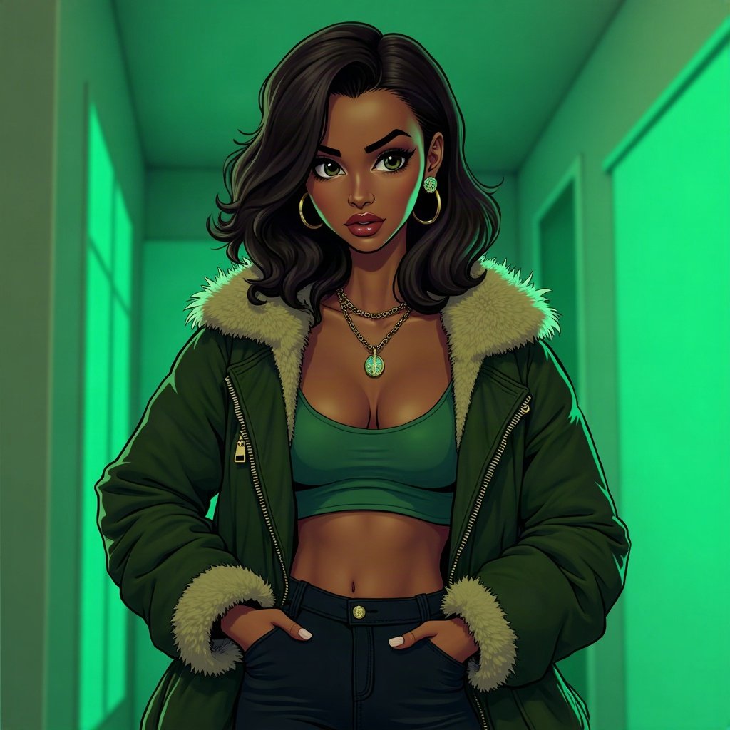 Baddie PFPs — fur-collar jacket confident pose, money-green accent lighting, chrome accents