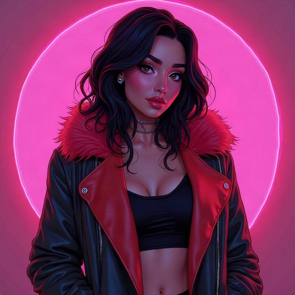 Baddie PFPs — fur-collar jacket confident pose, hot pink neon glow, chrome accents