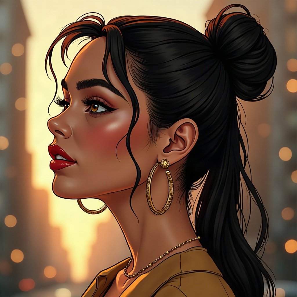 Baddie PFPs — glossy lips and gold hoop earrings profile, champagne gold shimmer, city bokeh behind