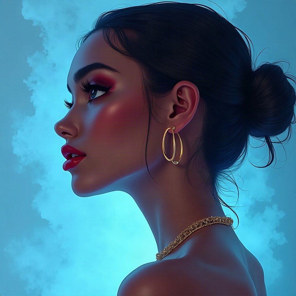 Baddie PFPs — glossy lips and gold hoop earrings profile, icy blue luxury light, soft smoke