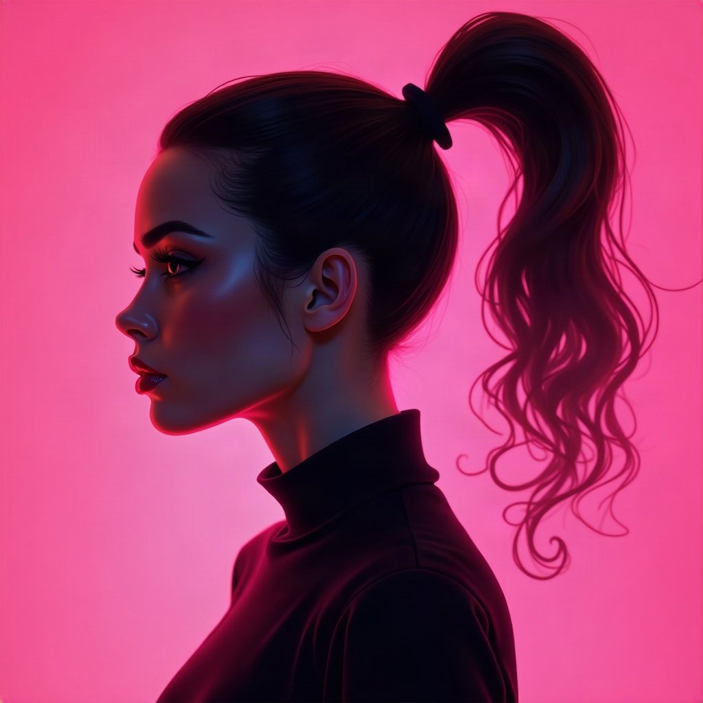 Baddie PFPs — sleek high ponytail silhouette, hot pink neon glow, soft smoke