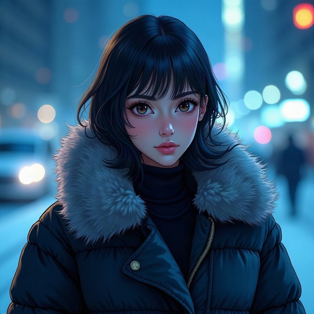 Baddie PFPs — fur-collar jacket confident pose, icy blue luxury light, city bokeh behind