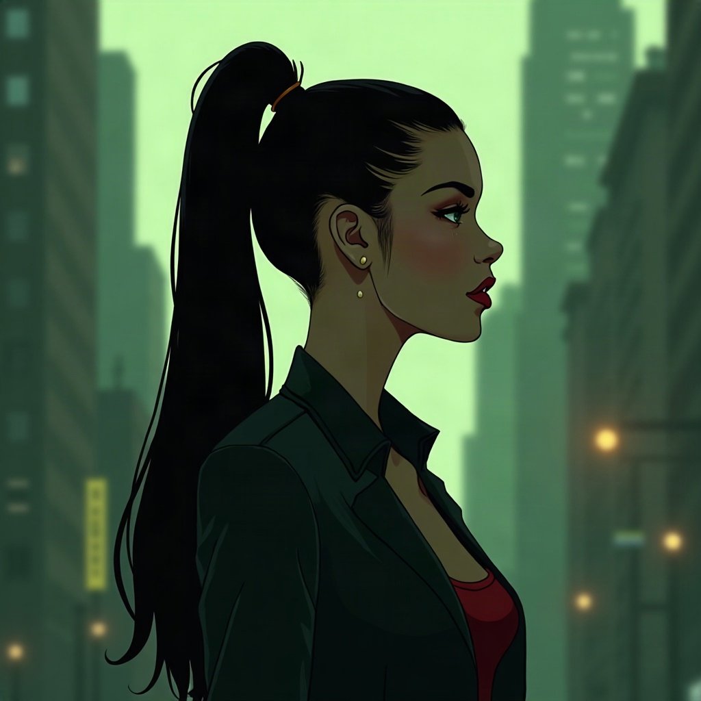 Baddie PFPs — sleek high ponytail silhouette, money-green accent lighting, city bokeh behind