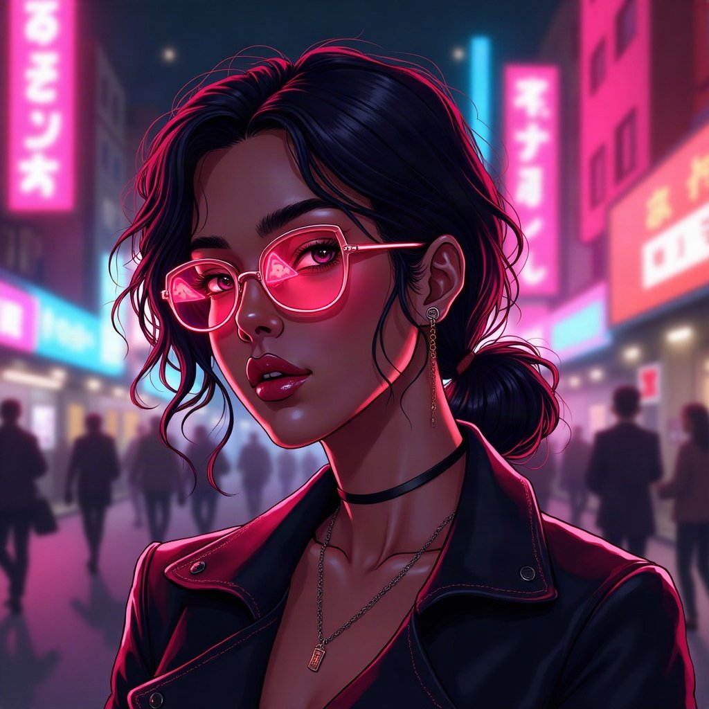 Baddie PFPs — designer-style sunglasses reflection, hot pink neon glow, city bokeh behind