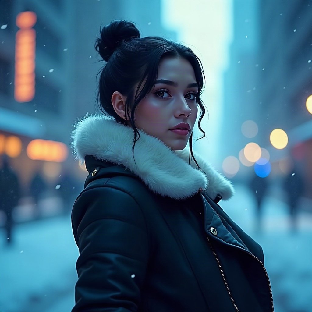 Baddie PFPs — fur-collar jacket confident pose, icy blue luxury light, city bokeh behind