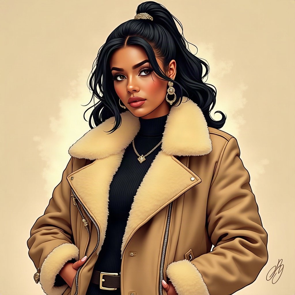 Baddie PFPs — fur-collar jacket confident pose, champagne gold shimmer, chrome accents