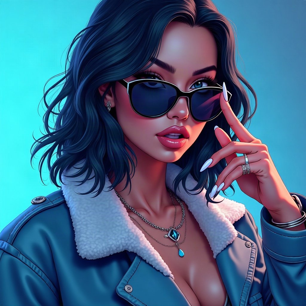 Baddie PFPs — long acrylic nails holding sunglasses, icy blue luxury light, chrome accents