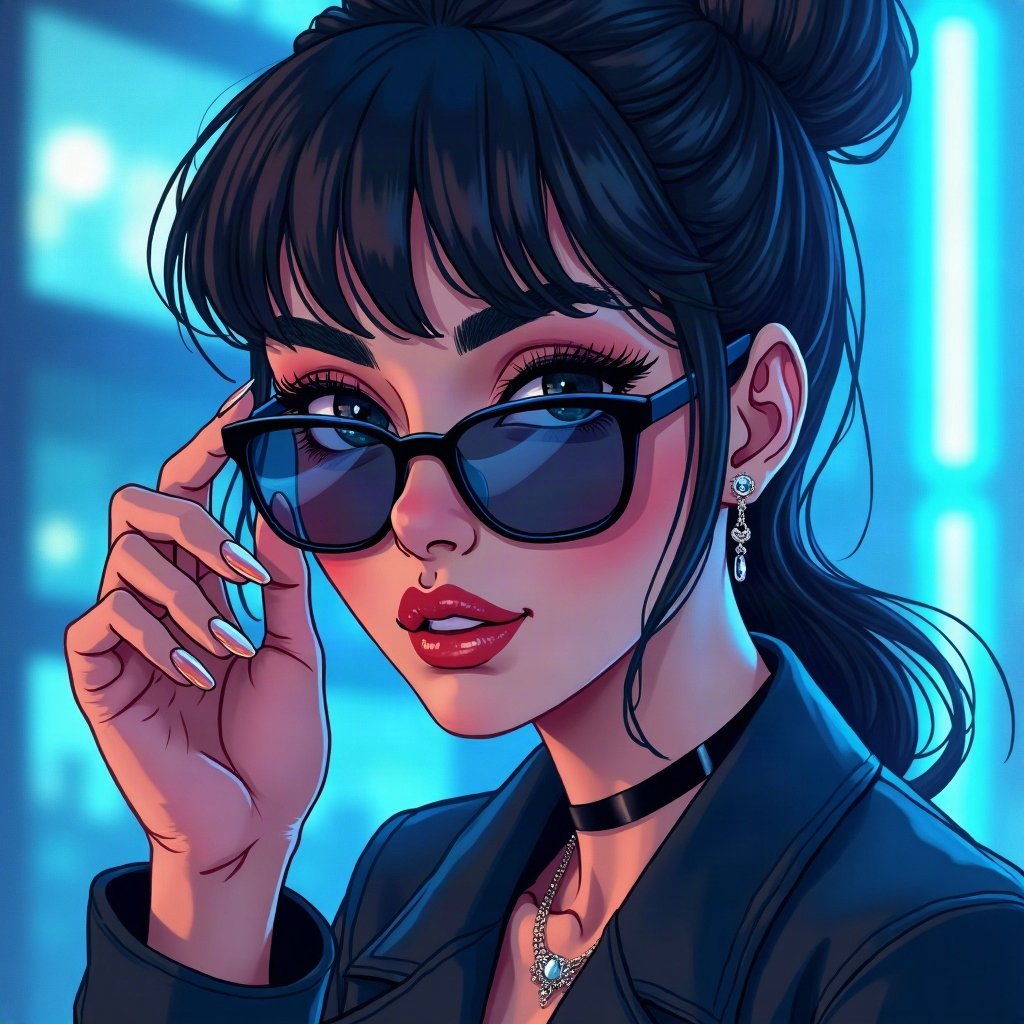 Baddie PFPs — long acrylic nails holding sunglasses, icy blue luxury light, city bokeh behind