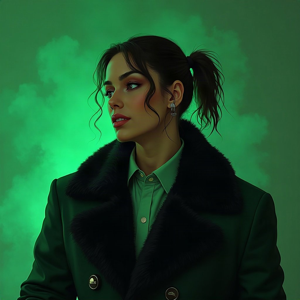 Baddie PFPs — fur-collar jacket confident pose, money-green accent lighting, soft smoke