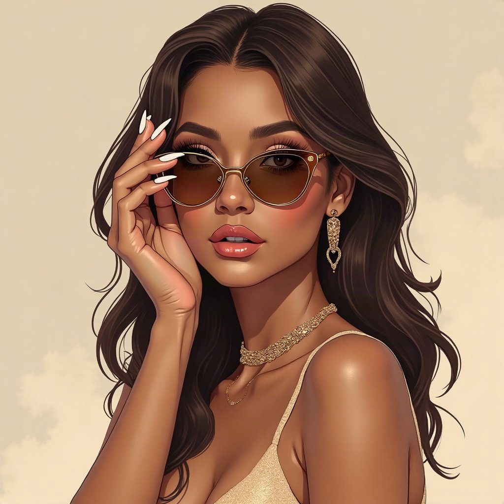 Baddie PFPs — long acrylic nails holding sunglasses, champagne gold shimmer, soft smoke