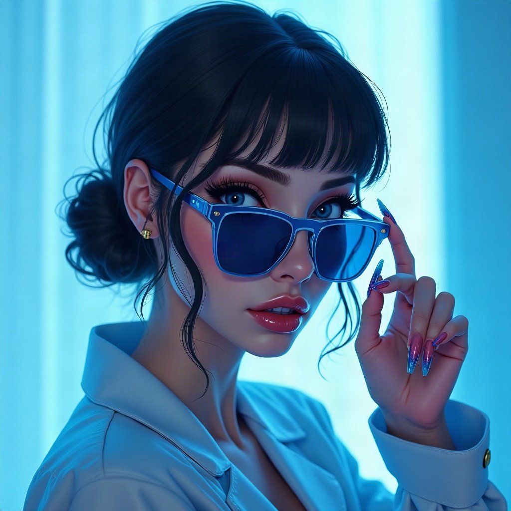 Baddie PFPs — long acrylic nails holding sunglasses, icy blue luxury light, soft smoke