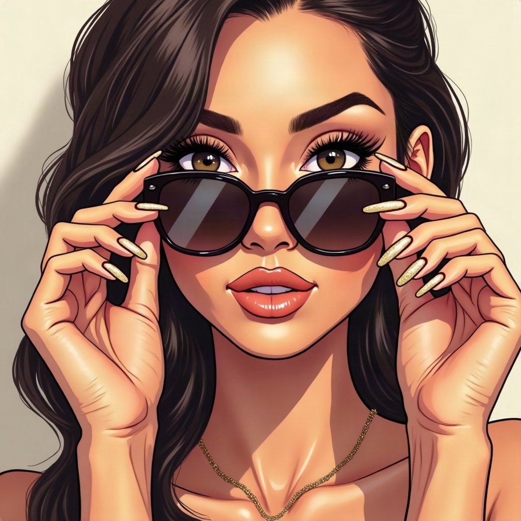 Baddie PFPs — long acrylic nails holding sunglasses, champagne gold shimmer, chrome accents