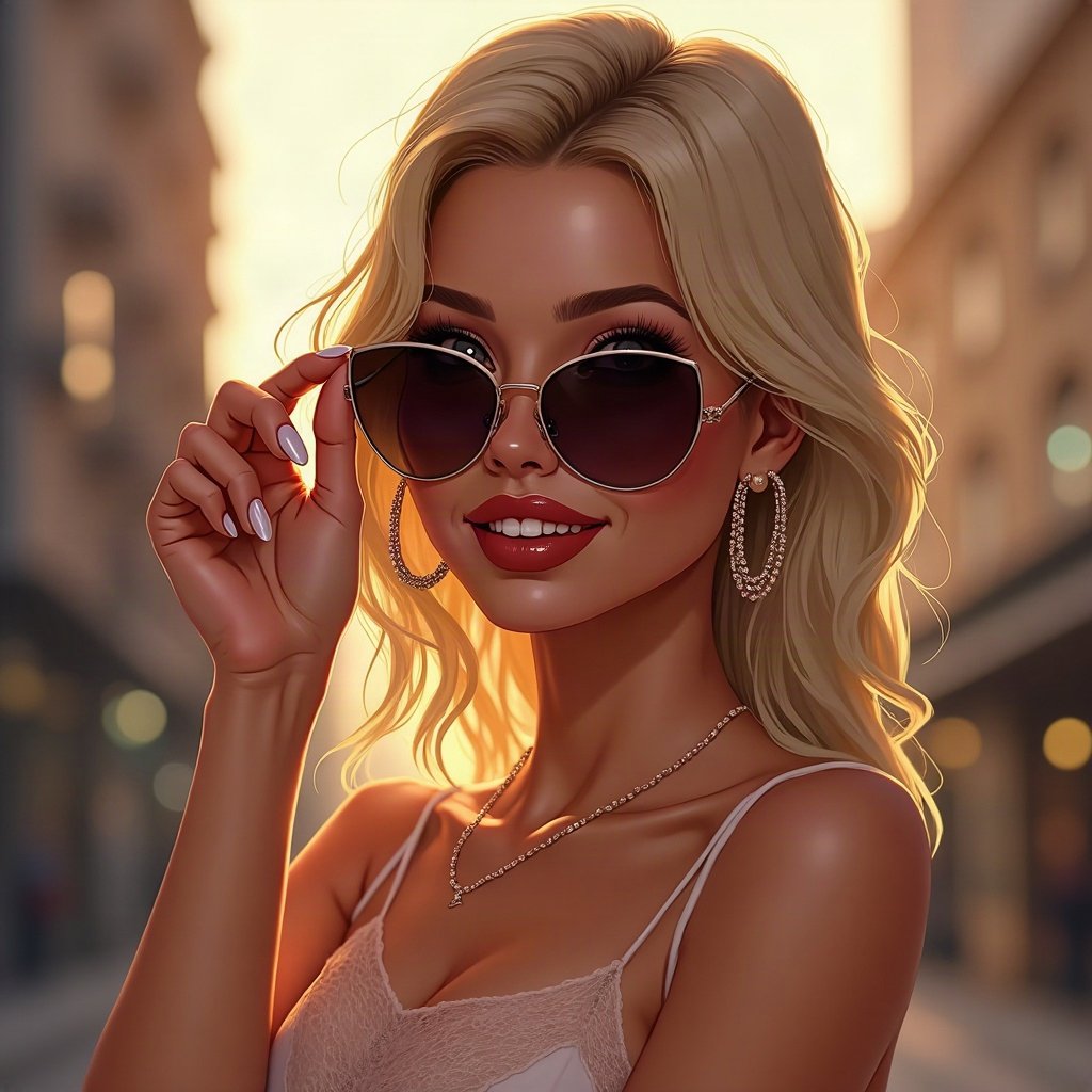 Baddie PFPs — long acrylic nails holding sunglasses, champagne gold shimmer, city bokeh behind