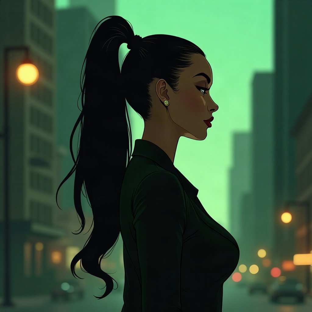 Baddie PFPs — sleek high ponytail silhouette, money-green accent lighting, city bokeh behind