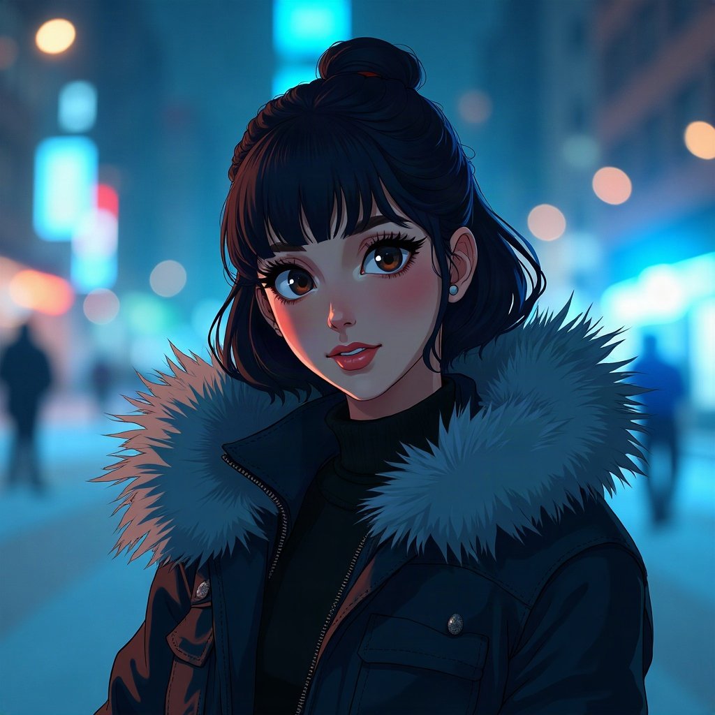 Baddie PFPs — fur-collar jacket confident pose, icy blue luxury light, city bokeh behind