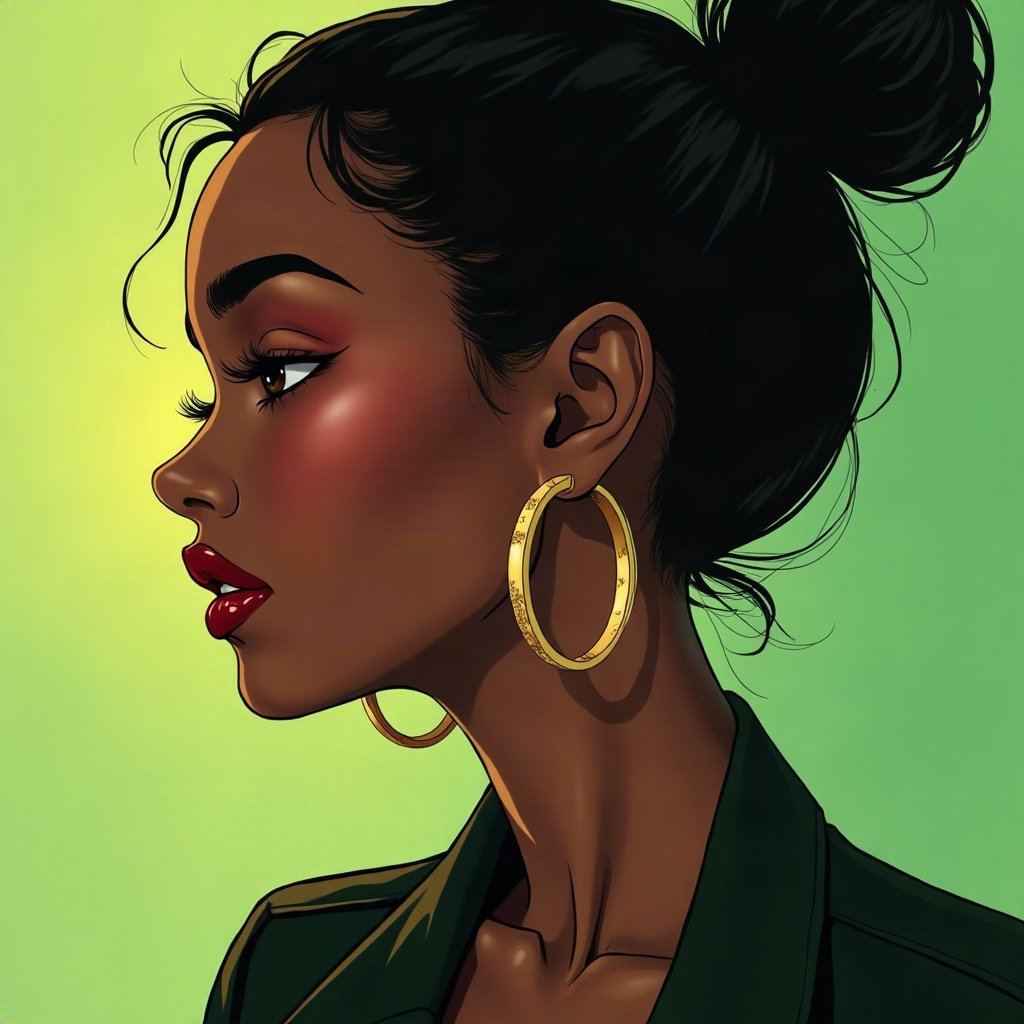 Baddie PFPs — glossy lips and gold hoop earrings profile, money-green accent lighting, soft smoke