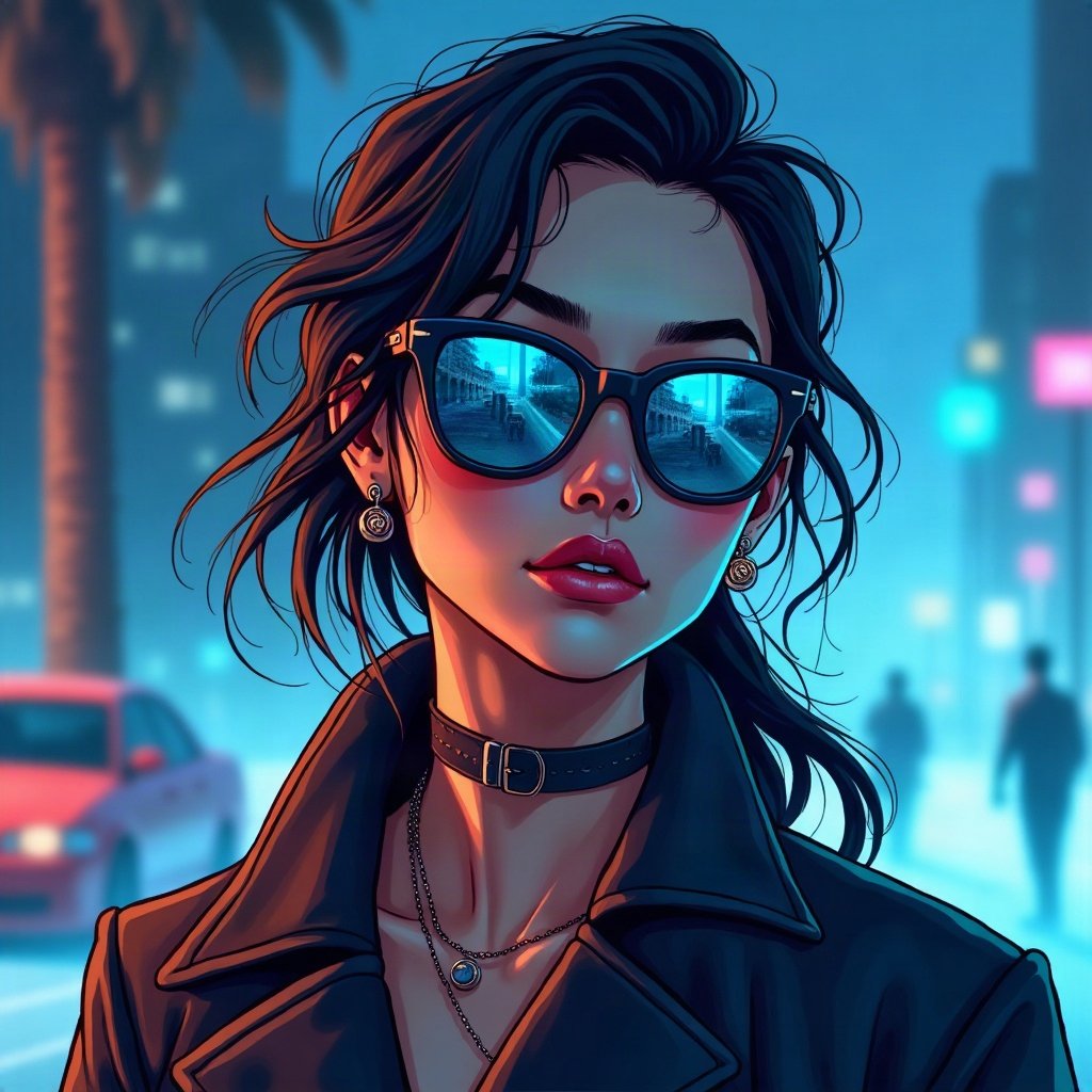 Baddie PFPs — designer-style sunglasses reflection, icy blue luxury light, city bokeh behind