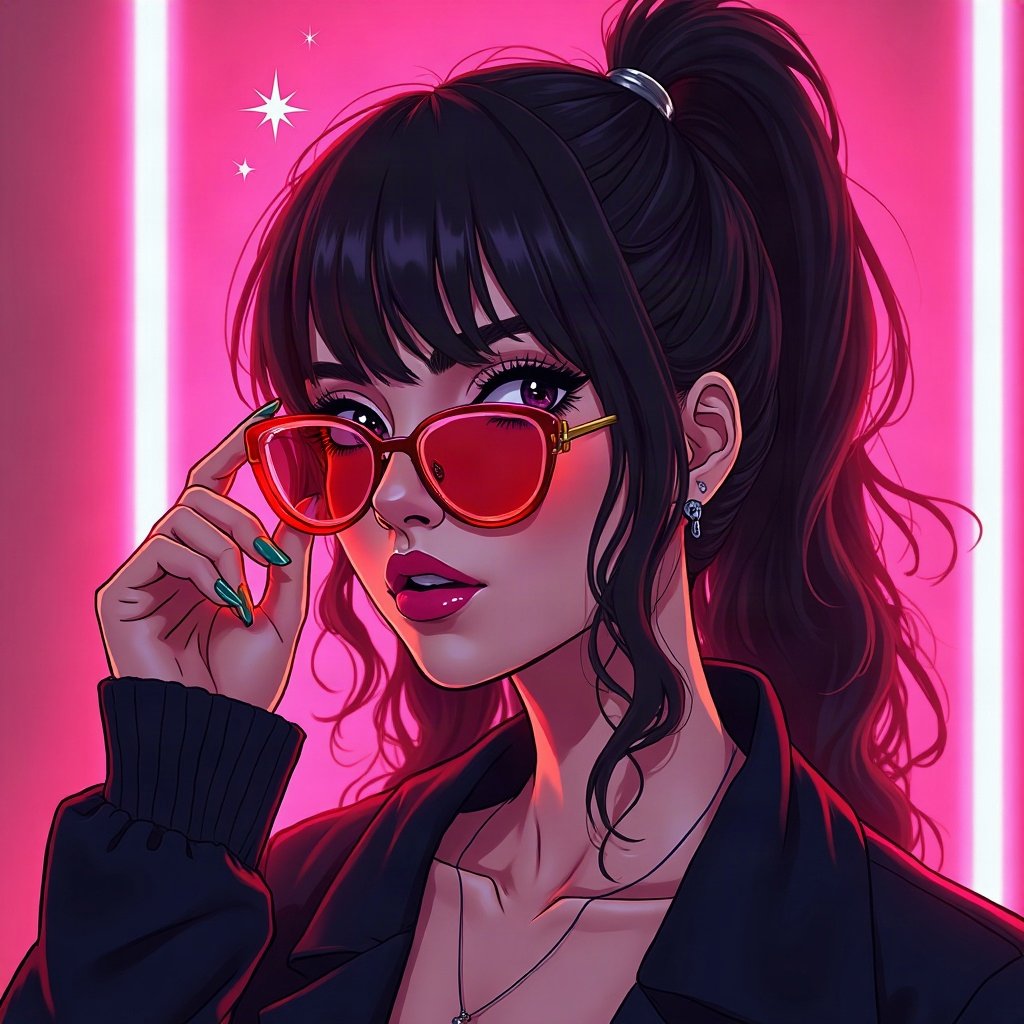 Baddie PFPs — long acrylic nails holding sunglasses, hot pink neon glow, sparkle highlights