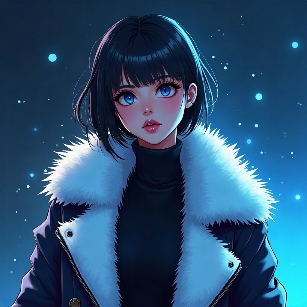 Baddie PFPs — fur-collar jacket confident pose, icy blue luxury light, sparkle highlights