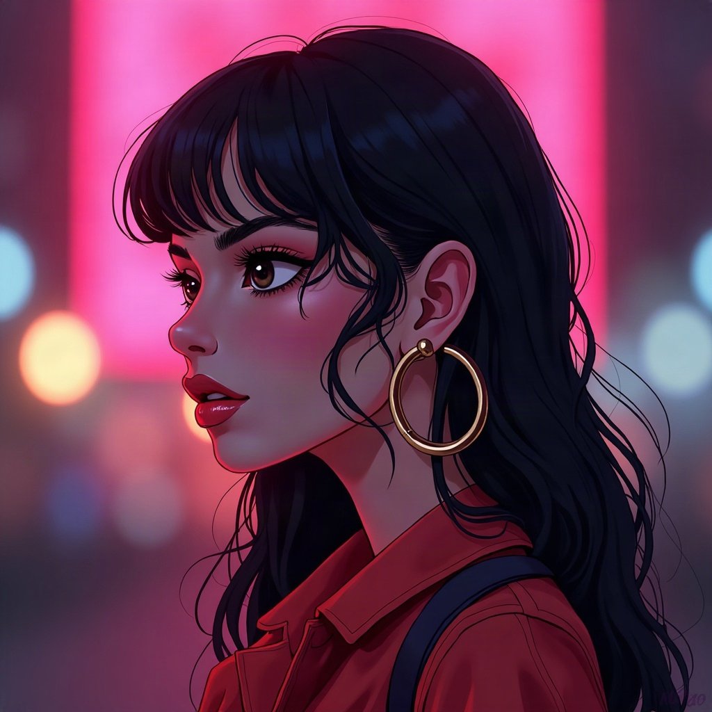 Baddie PFPs — glossy lips and gold hoop earrings profile, hot pink neon glow, city bokeh behind