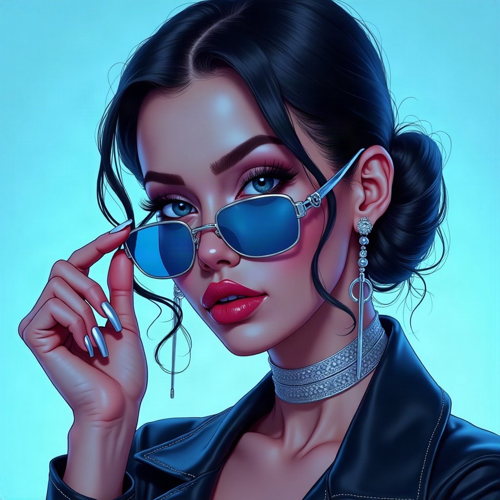 Baddie PFPs — long acrylic nails holding sunglasses, icy blue luxury light, chrome accents