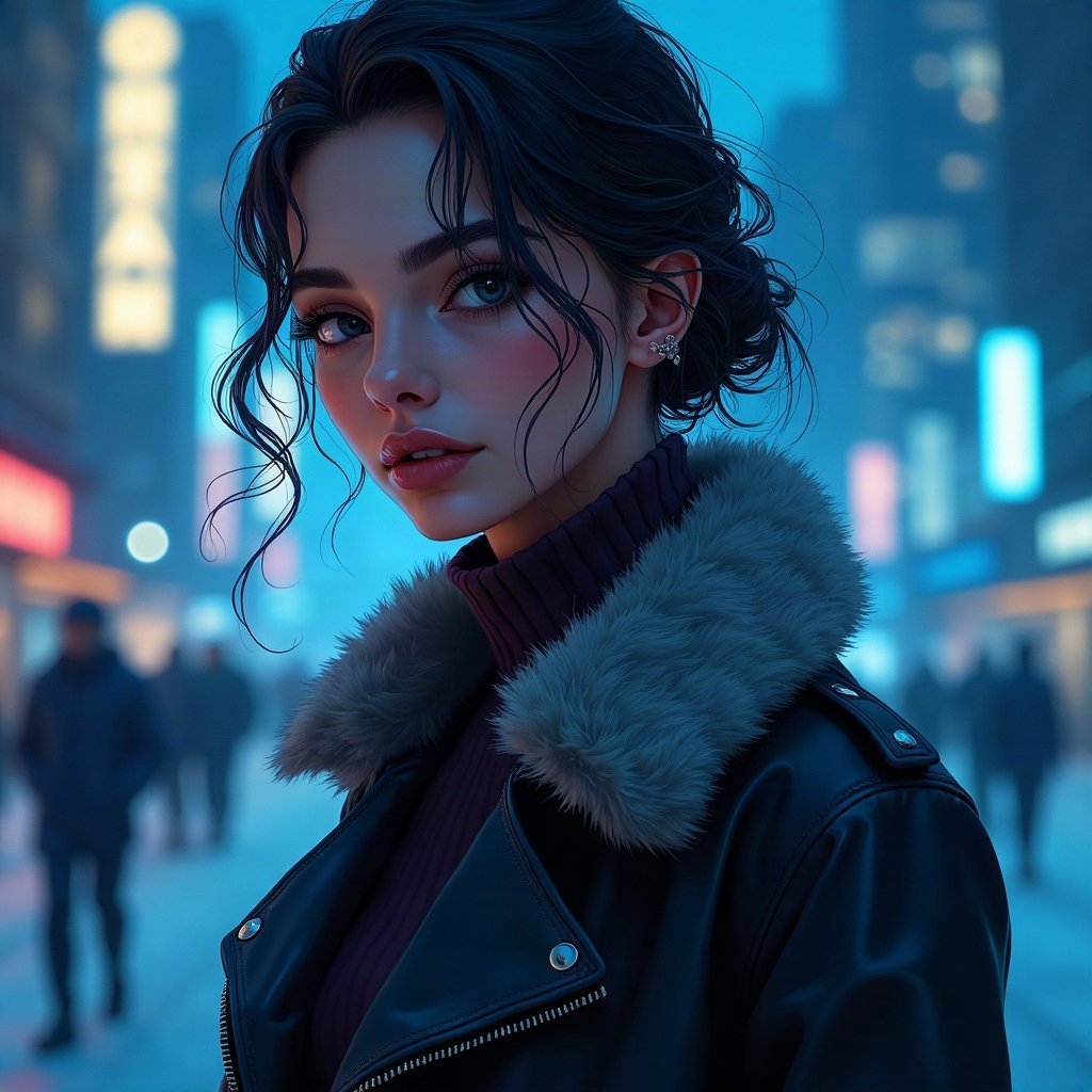 Baddie PFPs — fur-collar jacket confident pose, icy blue luxury light, city bokeh behind