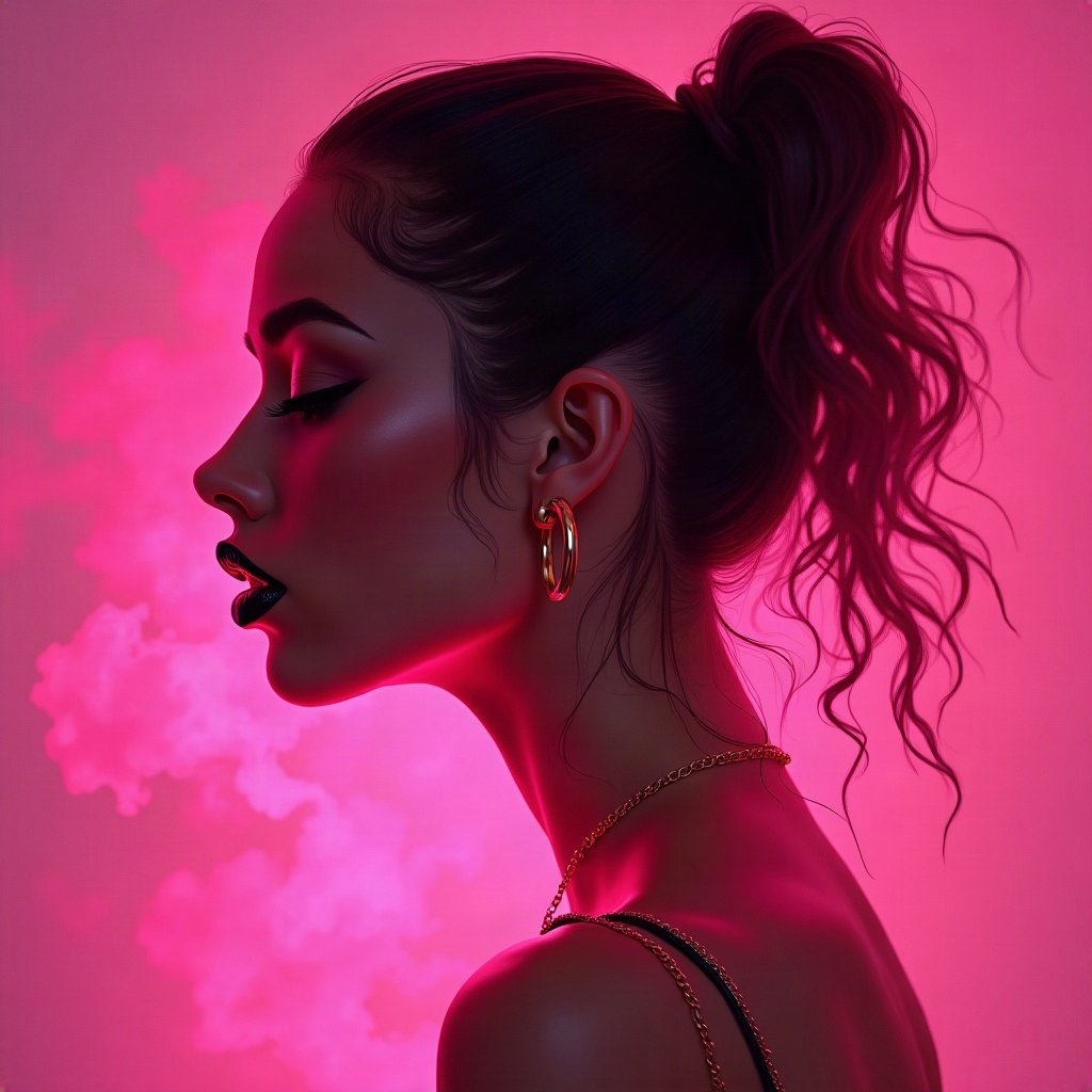 Baddie PFPs — glossy lips and gold hoop earrings profile, hot pink neon glow, soft smoke