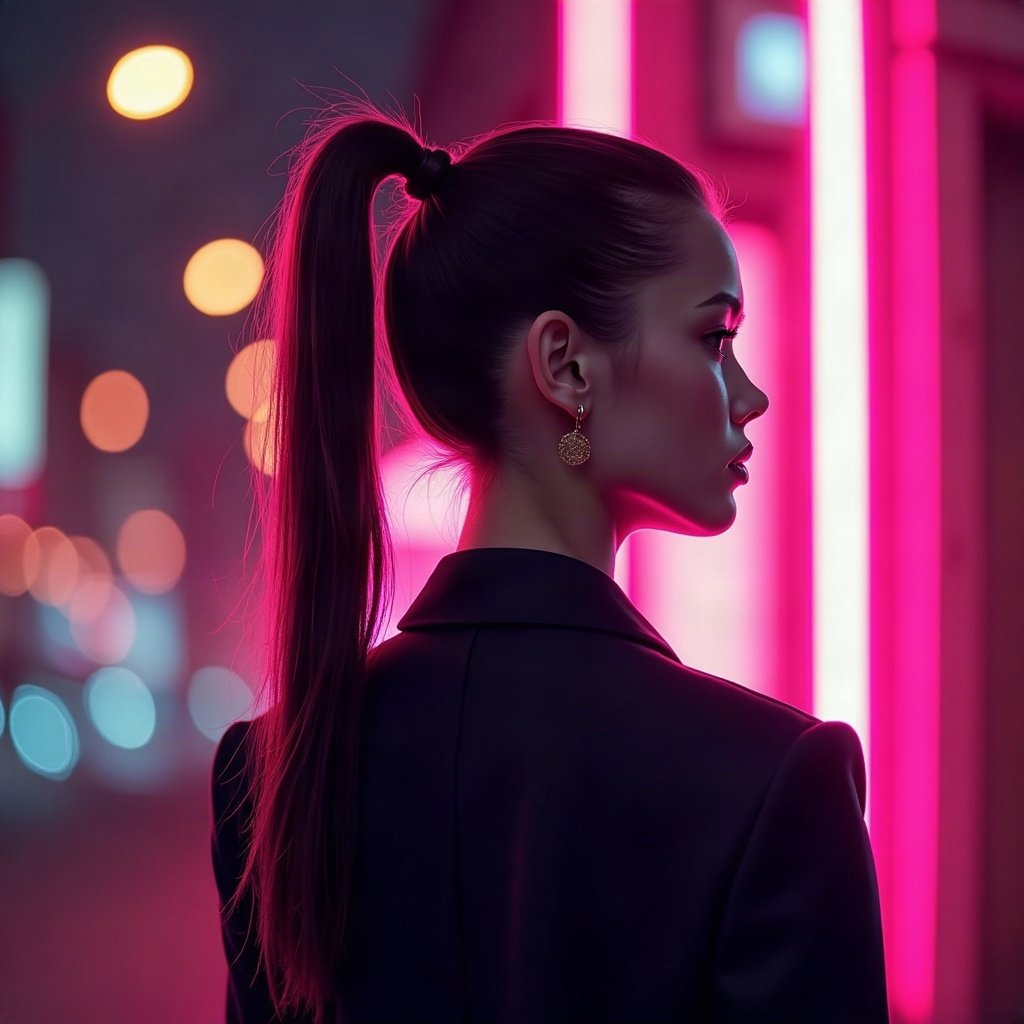 Baddie PFPs — sleek high ponytail silhouette, hot pink neon glow, city bokeh behind