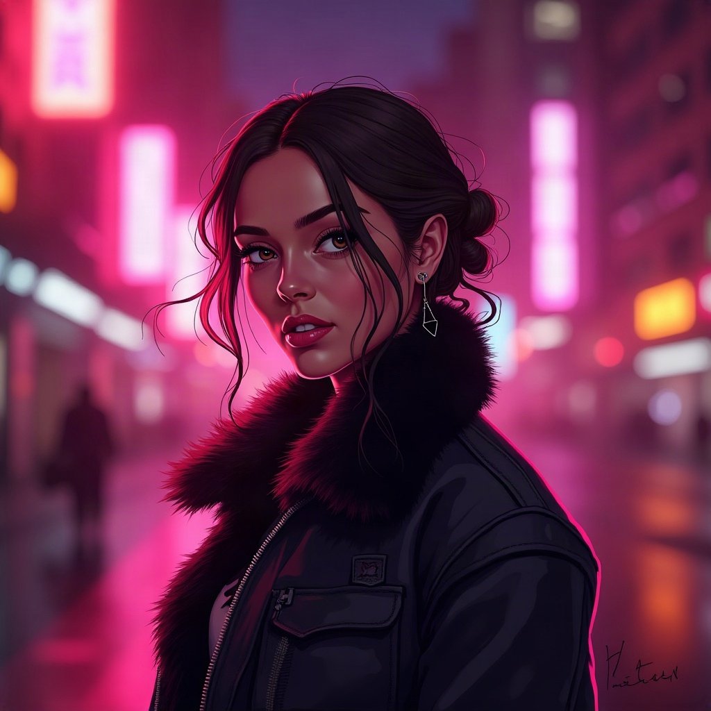 Baddie PFPs — fur-collar jacket confident pose, hot pink neon glow, city bokeh behind
