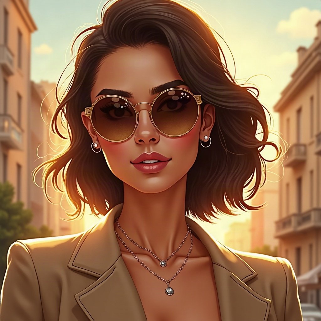 Baddie PFPs — designer-style sunglasses reflection, champagne gold shimmer, city bokeh behind
