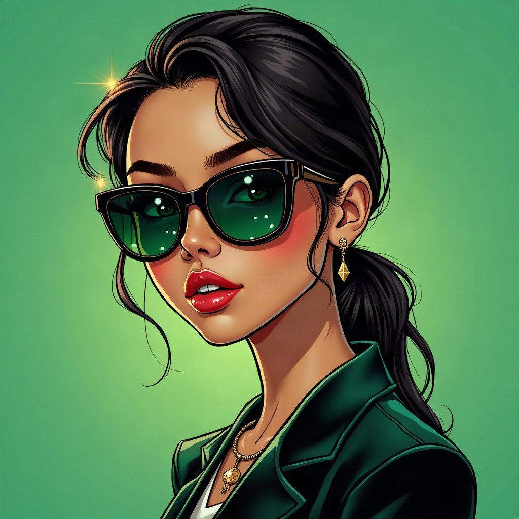 Baddie PFPs — designer-style sunglasses reflection, money-green accent lighting, sparkle highlights