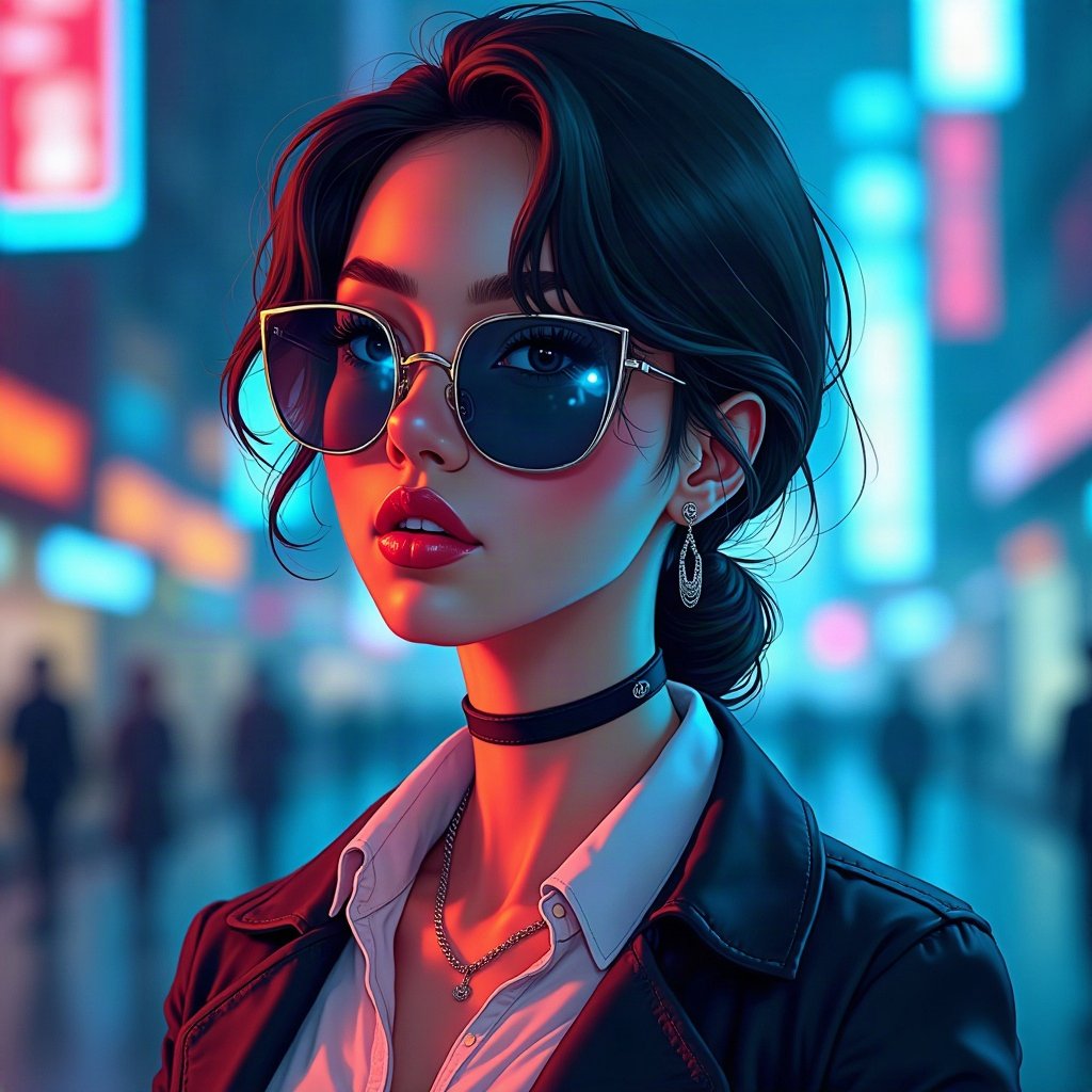 Baddie PFPs — designer-style sunglasses reflection, icy blue luxury light, city bokeh behind