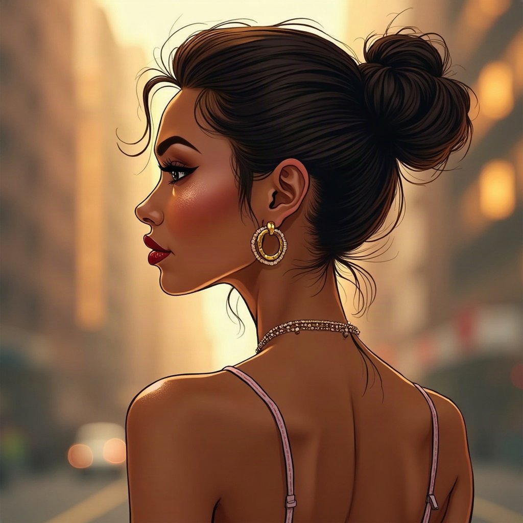 Baddie PFPs — glossy lips and gold hoop earrings profile, champagne gold shimmer, city bokeh behind