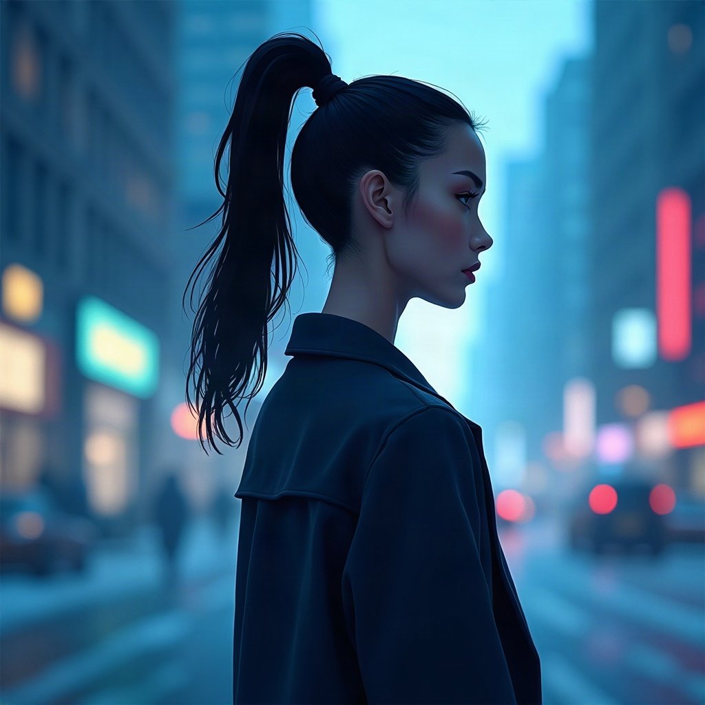 Baddie PFPs — sleek high ponytail silhouette, icy blue luxury light, city bokeh behind