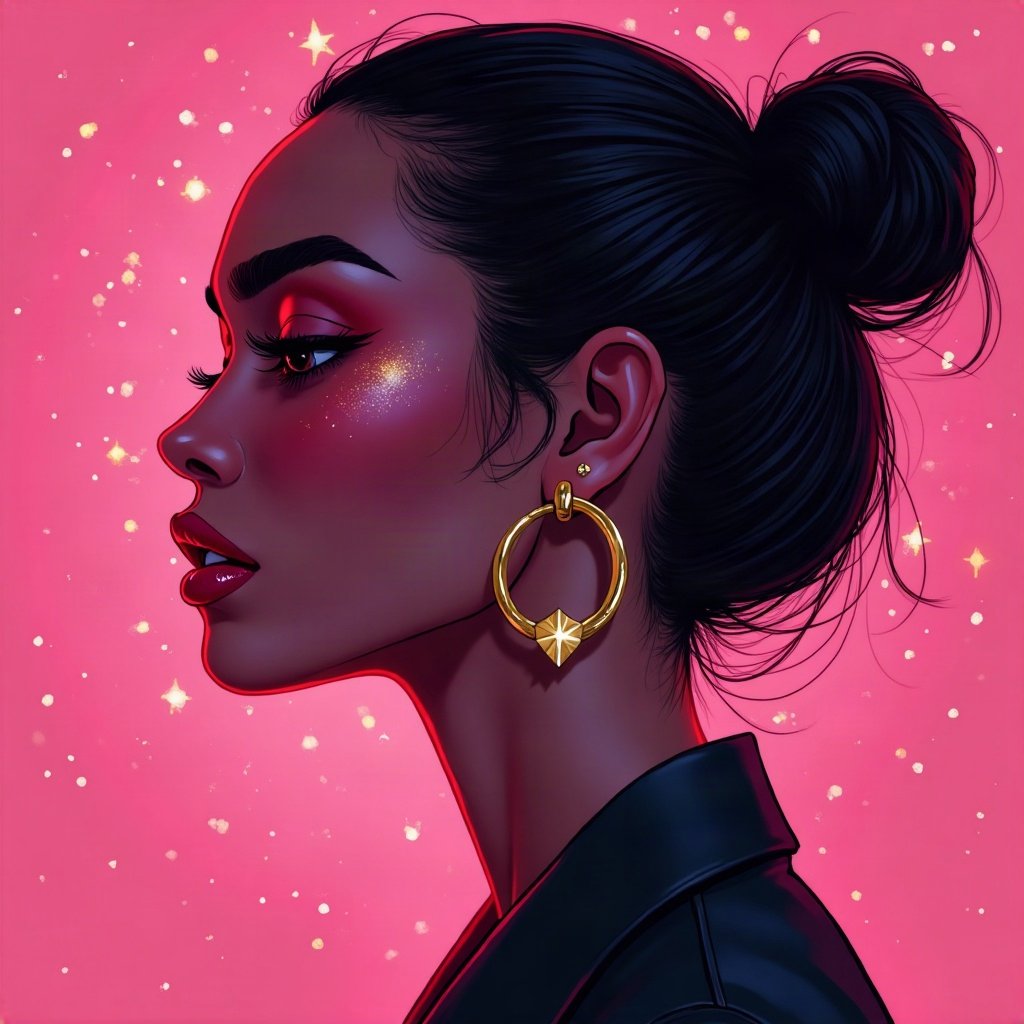 Baddie PFPs — glossy lips and gold hoop earrings profile, hot pink neon glow, sparkle highlights