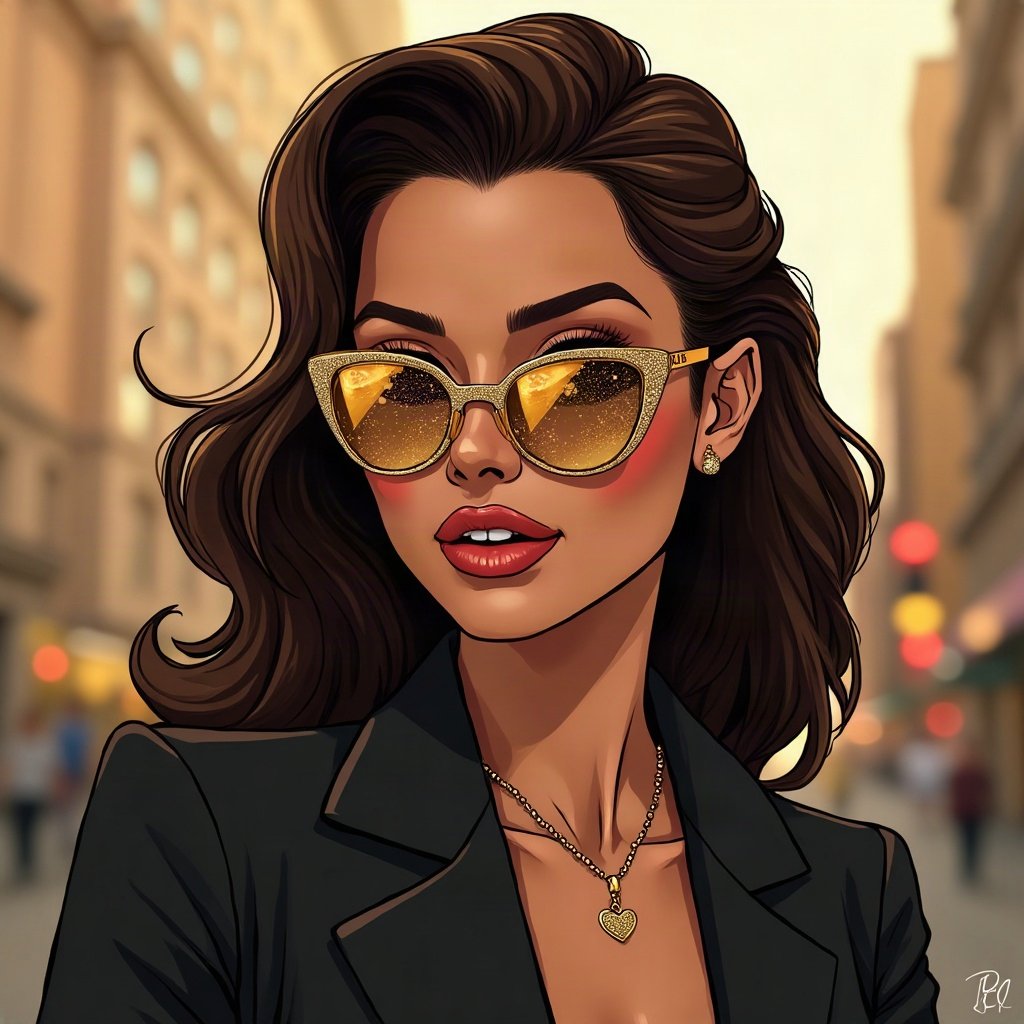 Baddie PFPs — designer-style sunglasses reflection, champagne gold shimmer, city bokeh behind
