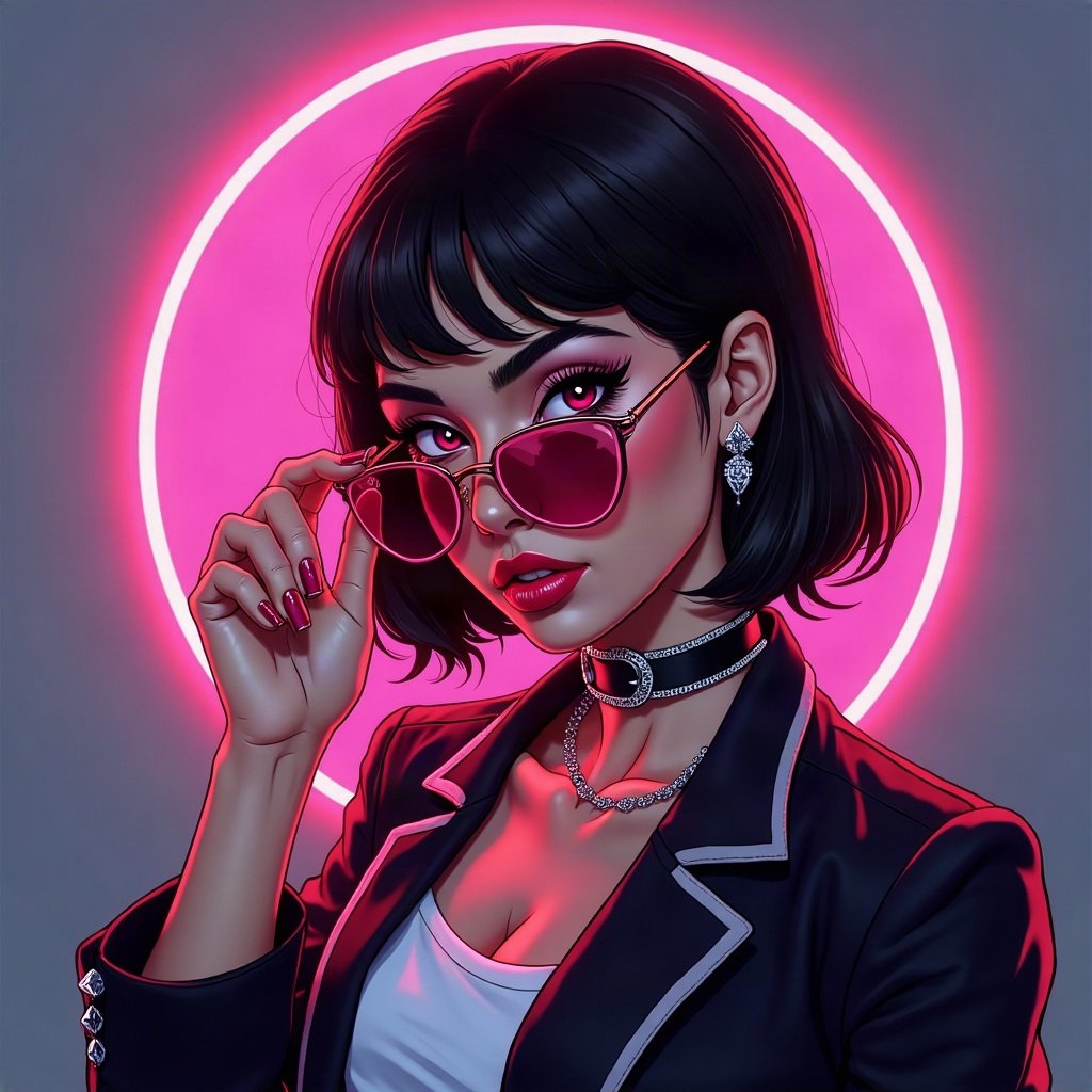 Baddie PFPs — long acrylic nails holding sunglasses, hot pink neon glow, chrome accents