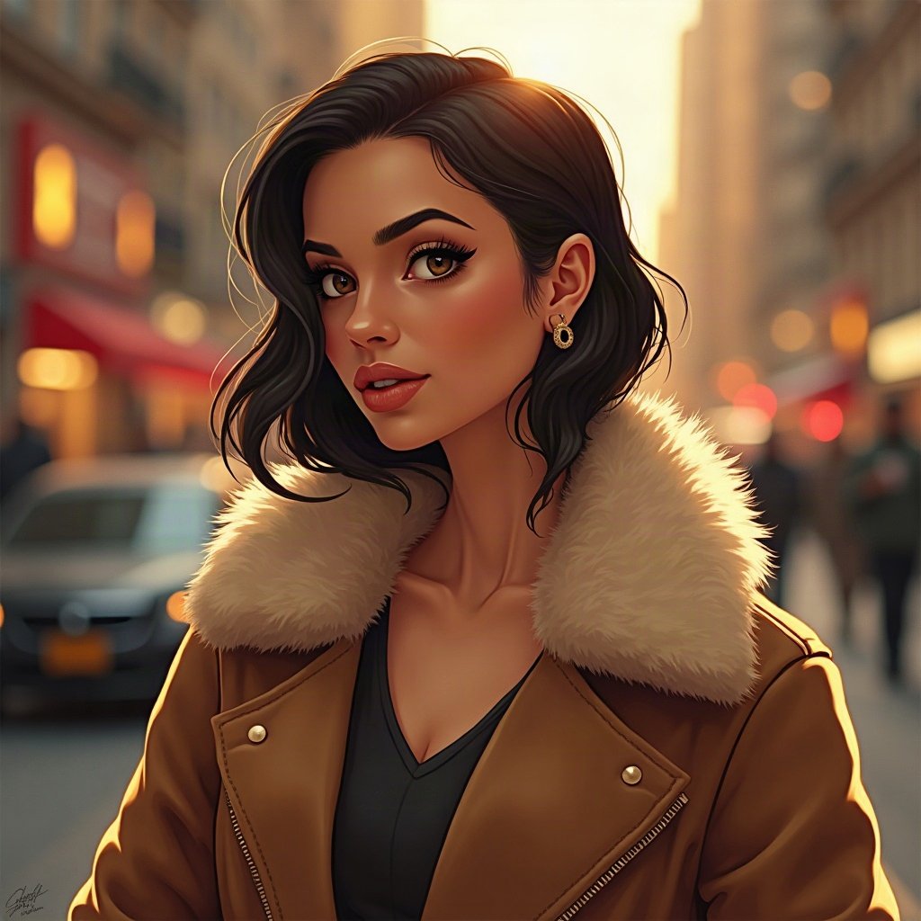 Baddie PFPs — fur-collar jacket confident pose, champagne gold shimmer, city bokeh behind