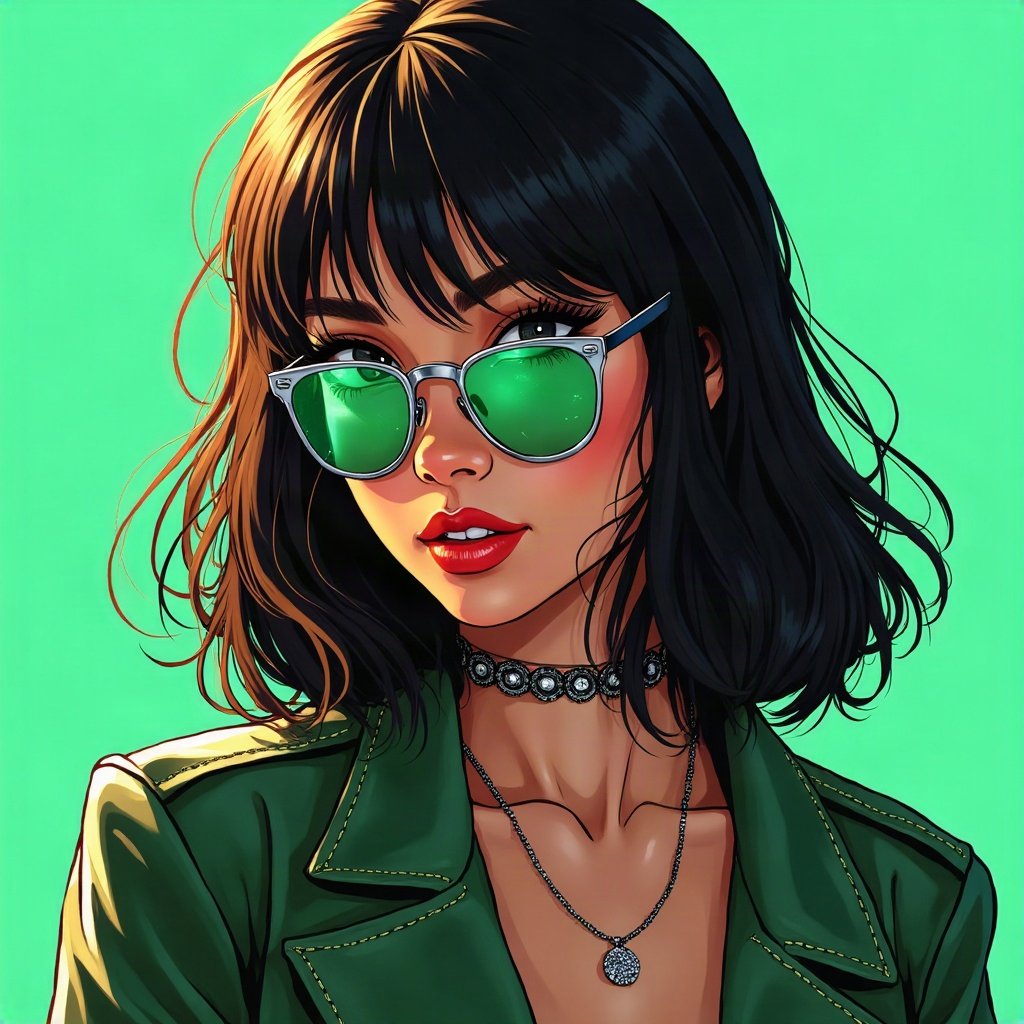 Baddie PFPs — designer-style sunglasses reflection, money-green accent lighting, chrome accents
