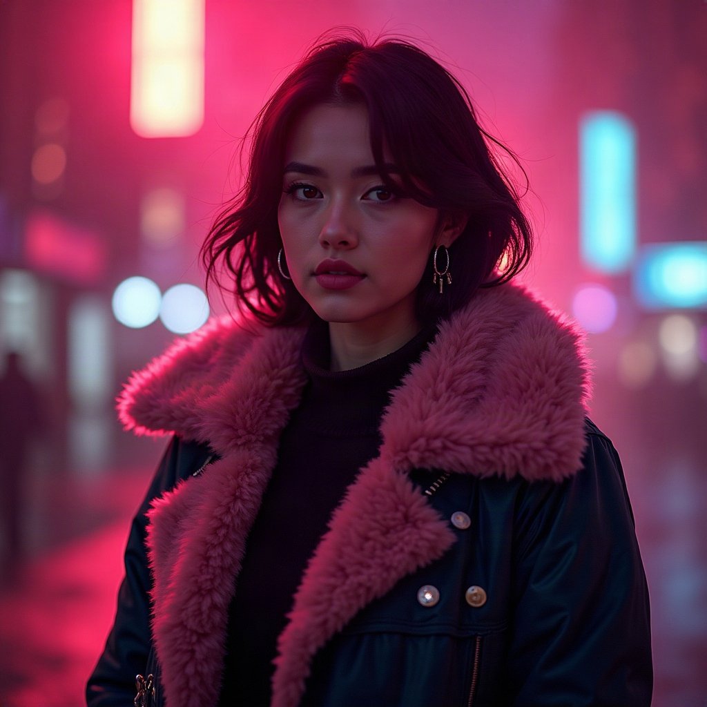 Baddie PFPs — fur-collar jacket confident pose, hot pink neon glow, city bokeh behind