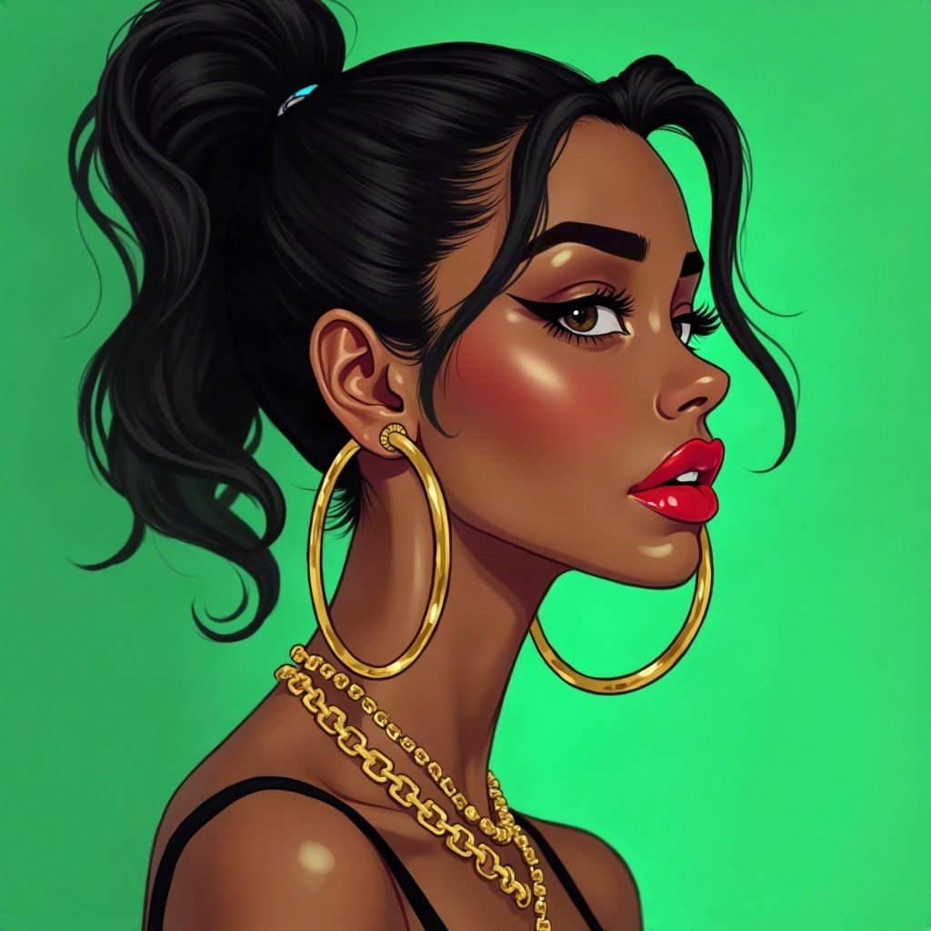 Baddie PFPs — glossy lips and gold hoop earrings profile, money-green accent lighting, chrome accents