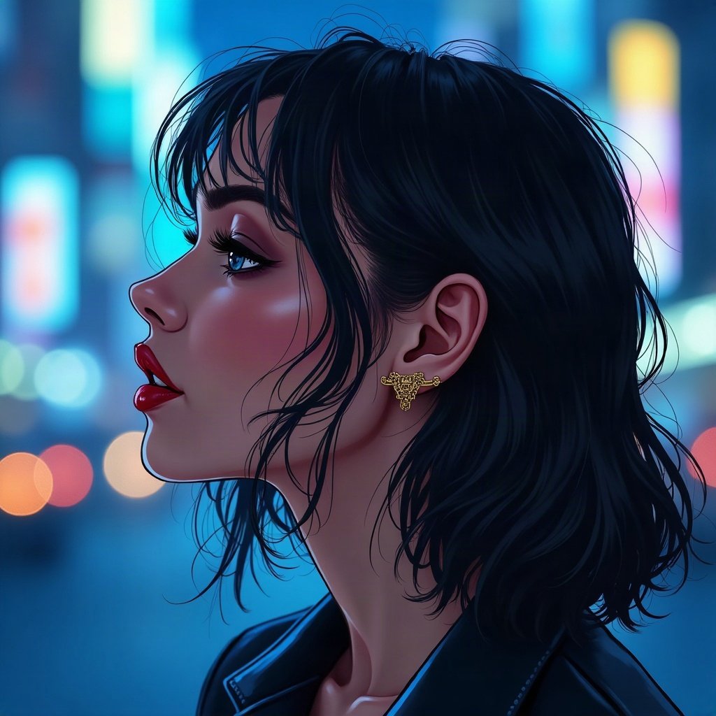 Baddie PFPs — glossy lips and gold hoop earrings profile, icy blue luxury light, city bokeh behind