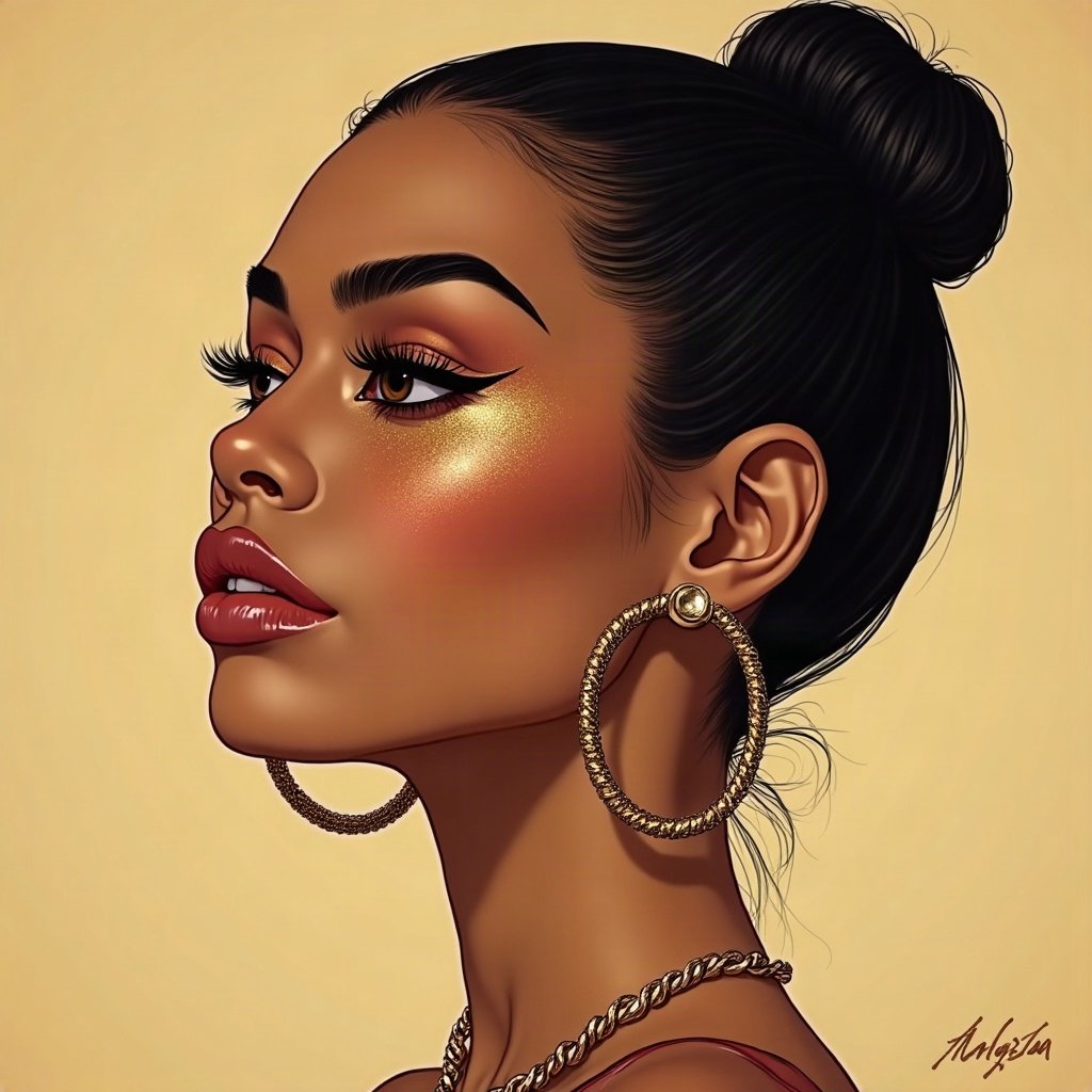 Baddie PFPs — glossy lips and gold hoop earrings profile, champagne gold shimmer, chrome accents
