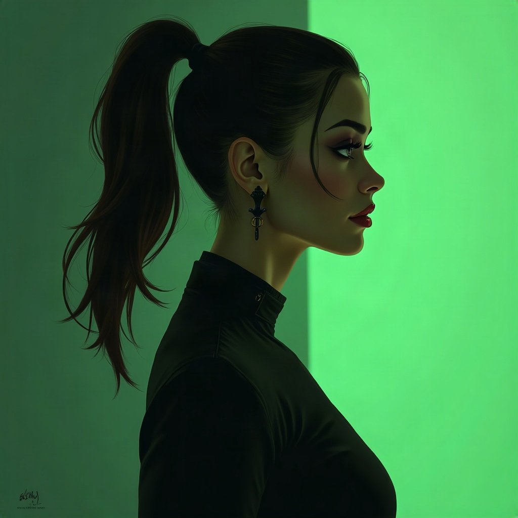 Baddie PFPs — sleek high ponytail silhouette, money-green accent lighting, soft smoke