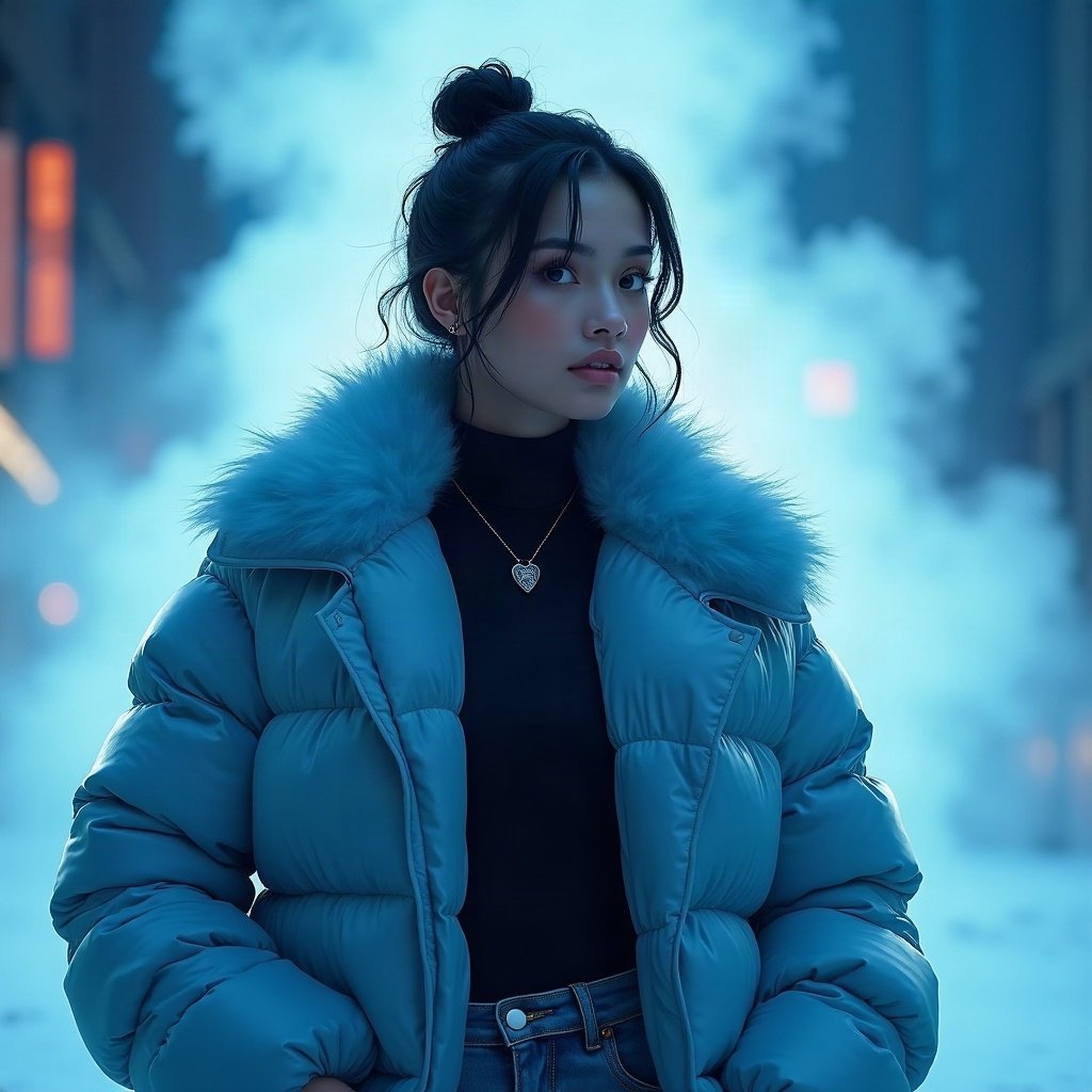 Baddie PFPs — fur-collar jacket confident pose, icy blue luxury light, soft smoke